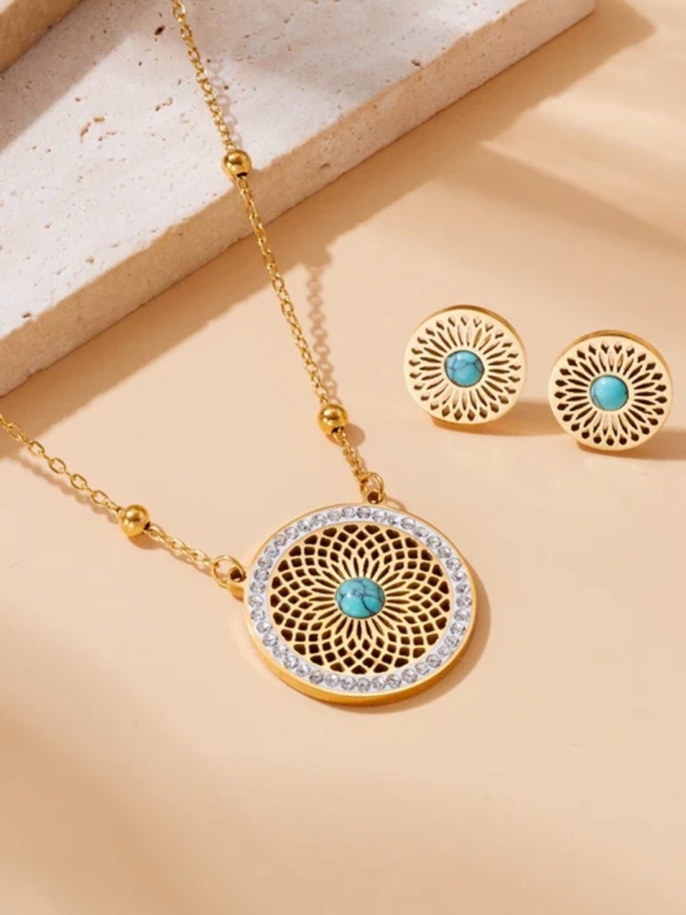 Gold Stainless Steel Turquoise Medallion Necklace & Stud Earrings Set